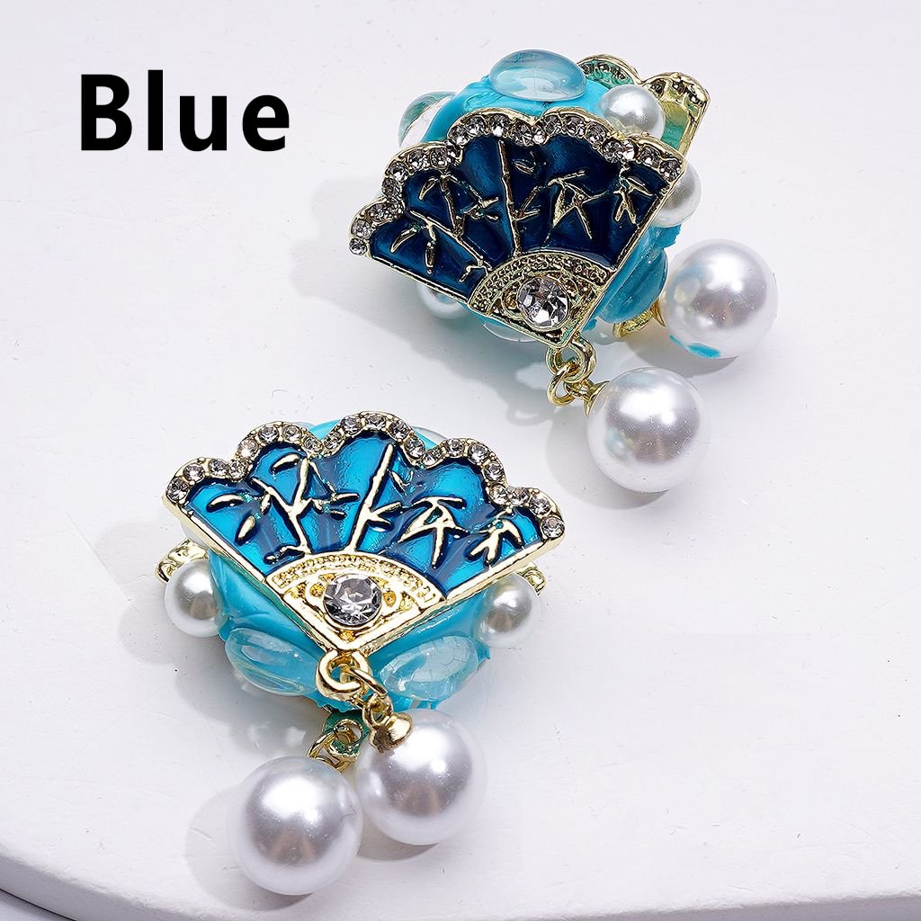 Elegant Gold Vintage Fan Charm with Bling Bling Rhinestones White Pearl Accents Pendants and Clay Beads Approx 30x24mm
