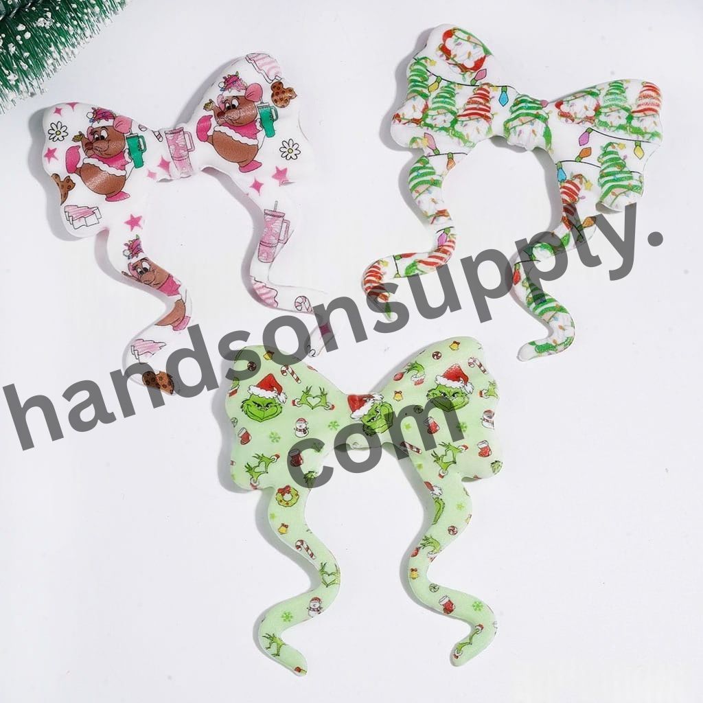 Adorable Festive Green Christmas Characters and Gnome Mouse Designs Printed Long Ribbon Bow Shape PVC Soft Rubber Beads, 59*70MM, Random Mix