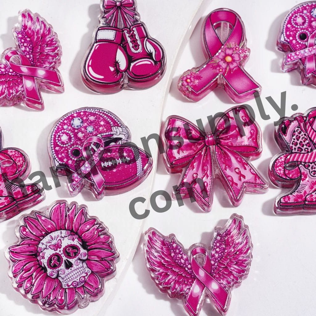 Pancreatic Cancer Awareness Silk Ribbon Designs with Butterfly and Flower Patterns Semi-Clear Acrylic Beads in Pink and Red Tones, Random Mix
