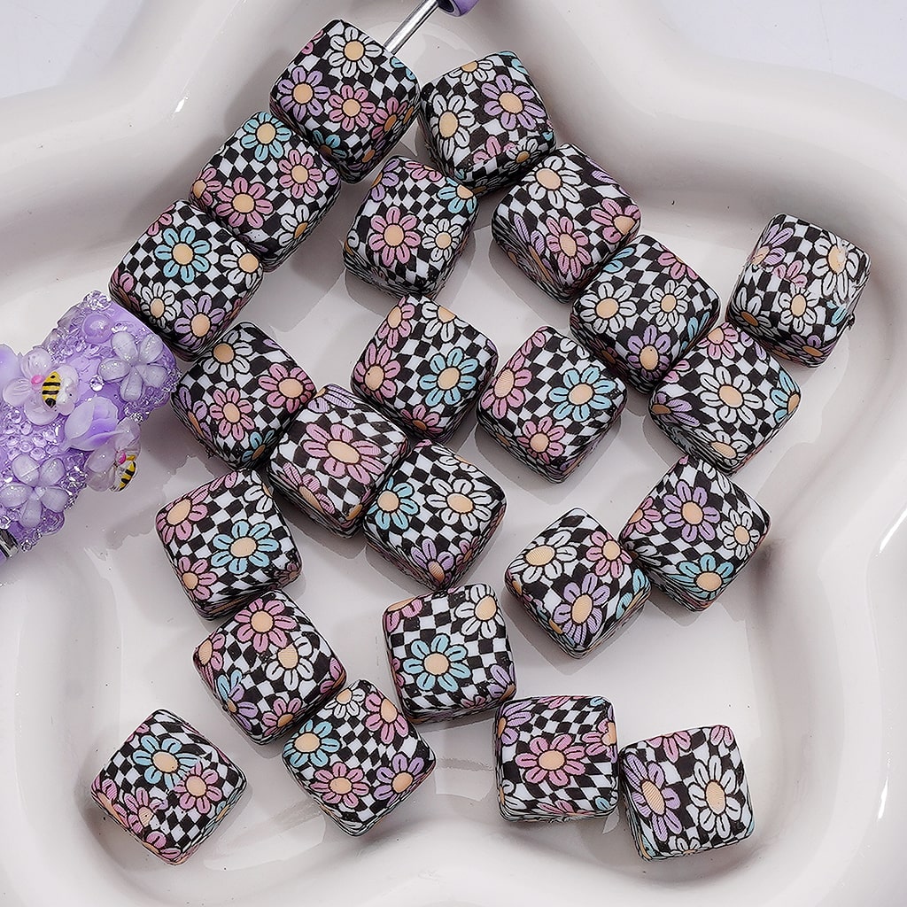 Printed Cube Square Green White Daisy Flower Cute Silicone Beads 14MM