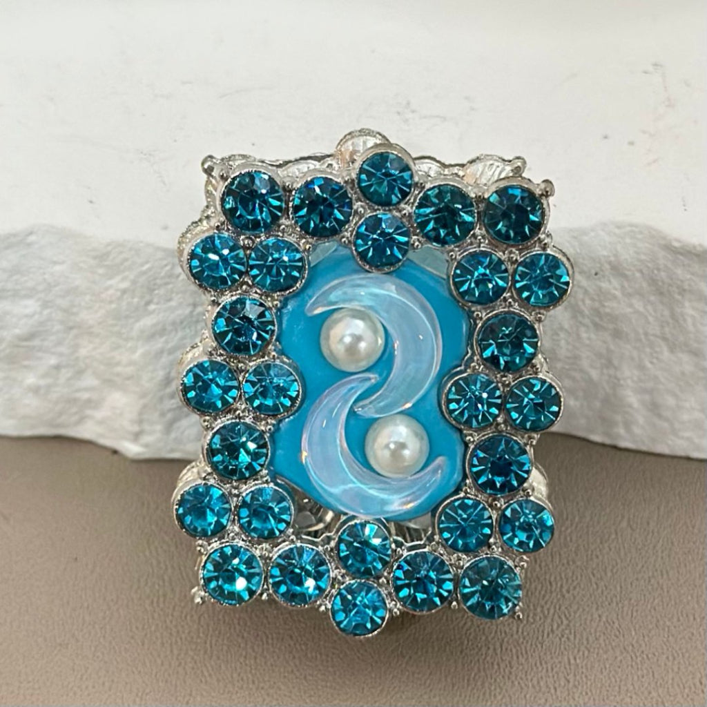 Silver Alloy Fancy Rectangle Frame with Colorful Rhinestones, White Pearls, Clear Crescent Moon, and Clay Beads Around 37*29MM