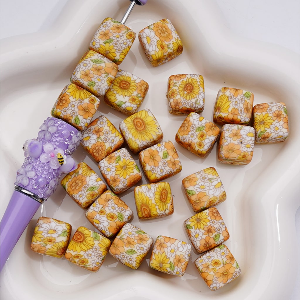 Black-White Checkered Cute Flowers Printed Cube Square Silicone Beads, 14MM