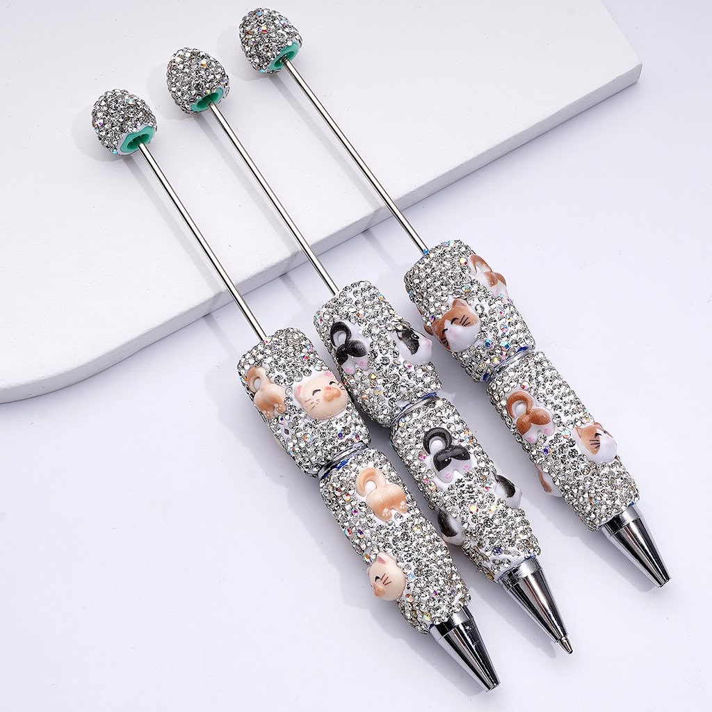 Clay Beadable Pens Adorned with Colorful Flowers, Sparkling Rhinestones & Tiny Black Snowballs