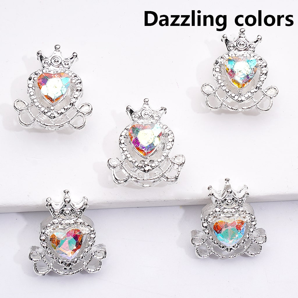 Silver Shiny Alloy Fance Beads Heart with Crown Design 14*16MM Rhinestone Details