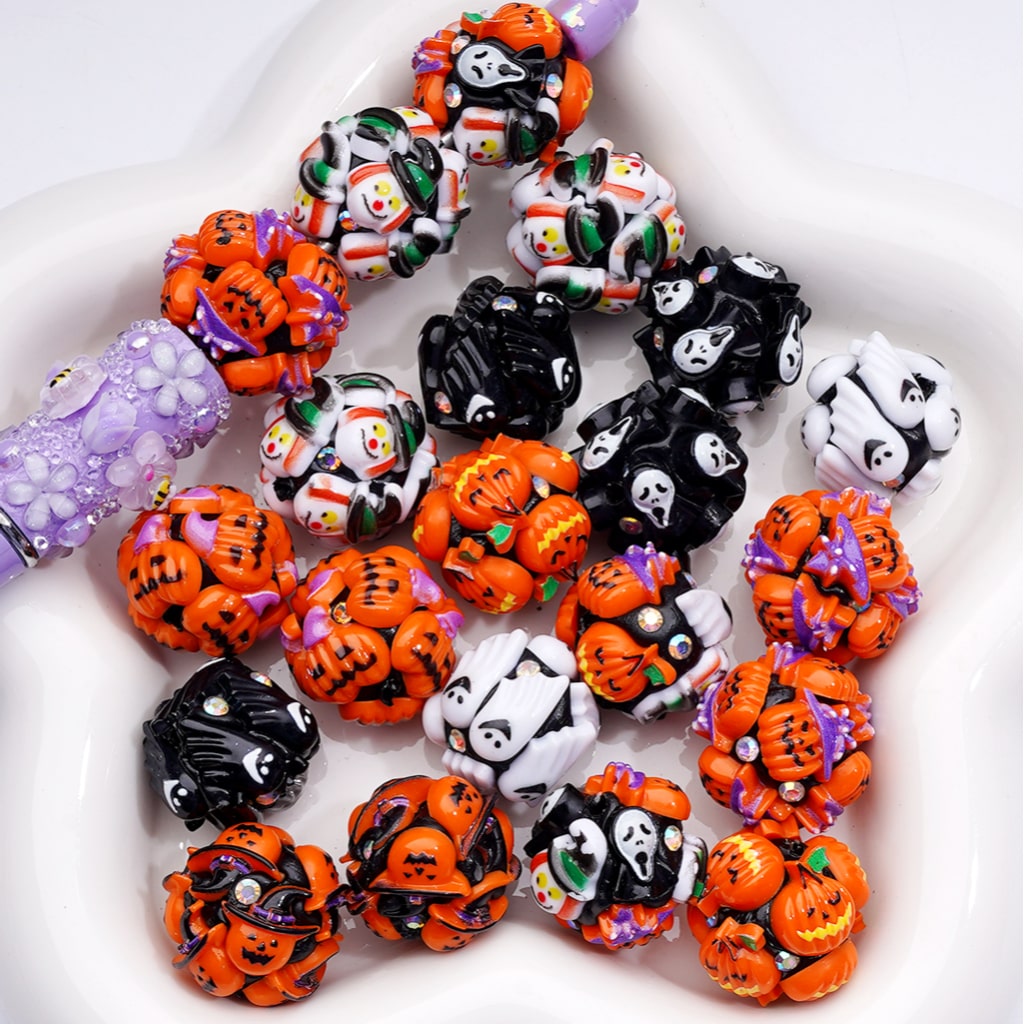Halloween Mix with Clown, Ghost Face, Pumpkin & Wizard Hat Clay Beads 20MM