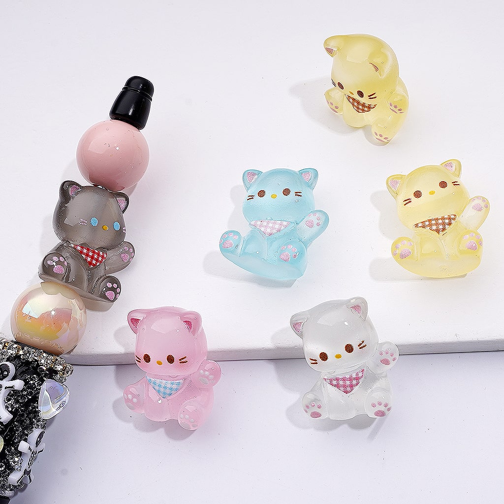 Cute Luminous Cat Kitty Multi Color Acrylic Beads Pen Toppers 20*23MM, Random Mix