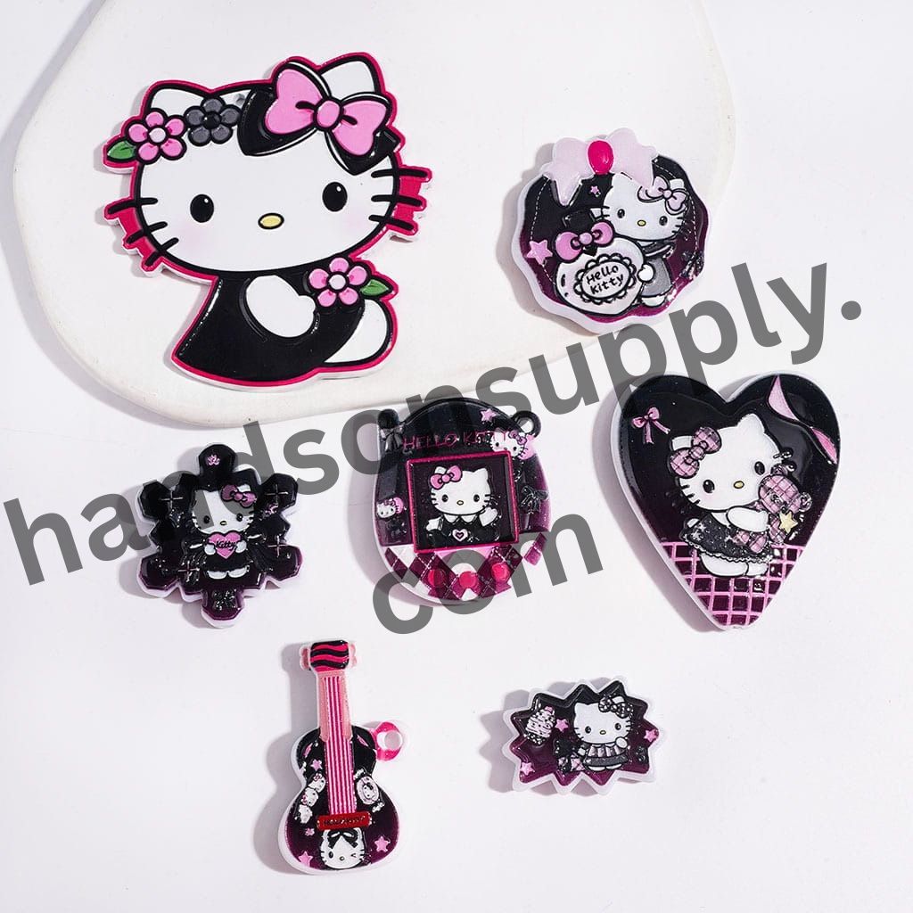 Black and Pink Cat Character Series Acrylic Beads and Pendants, Random Mix