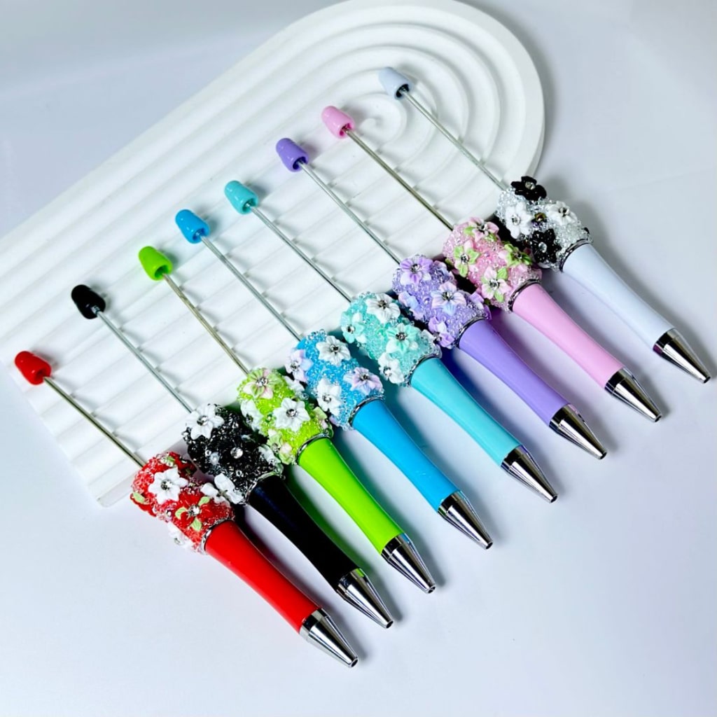 Mini Cute DIY Beadable Pen with Flowers Clear Rhinestone Inside Shiny Pearls in Solid Color