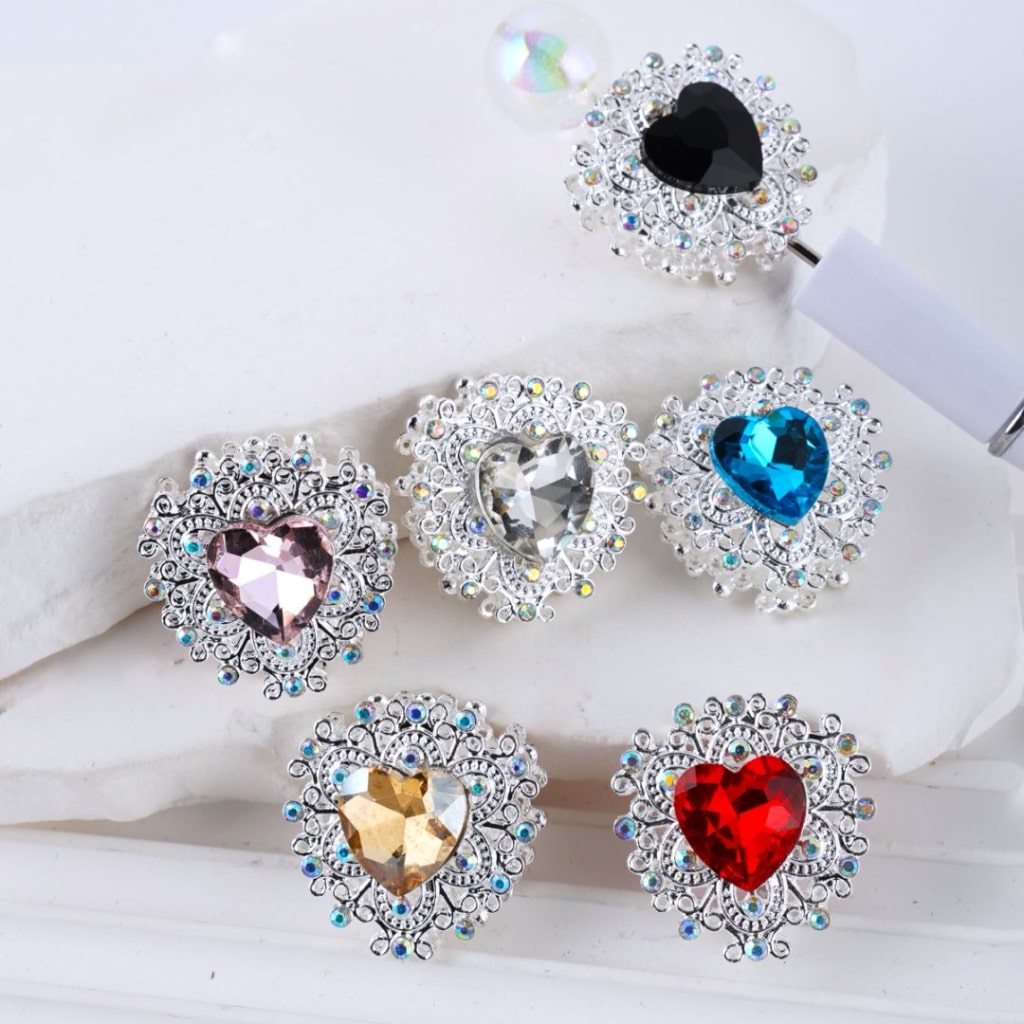 AB Rhinestones Colorful Large Hearts Beads, Around 28*29MM with Bling Bling Silver Alloy Heart, Random Mix