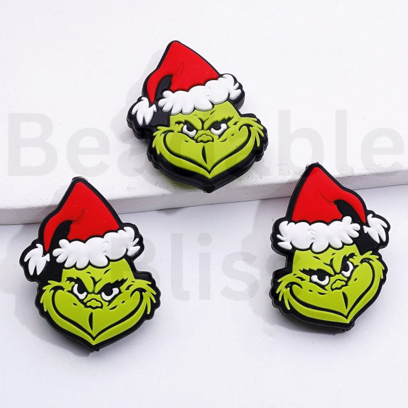 Holiday Mischievous Green Monster with Red Christmas Hat Silicone Focal Beads