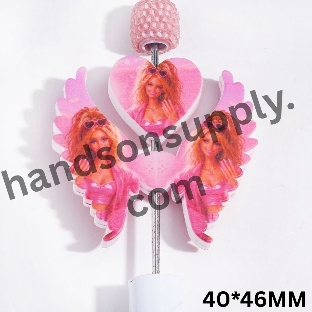 Fashion Doll Characters Wearing Heart-Shaped Sunglasses, Printed Heart and Wing Shapes Silicone Focal Beads Set, 40–46MM