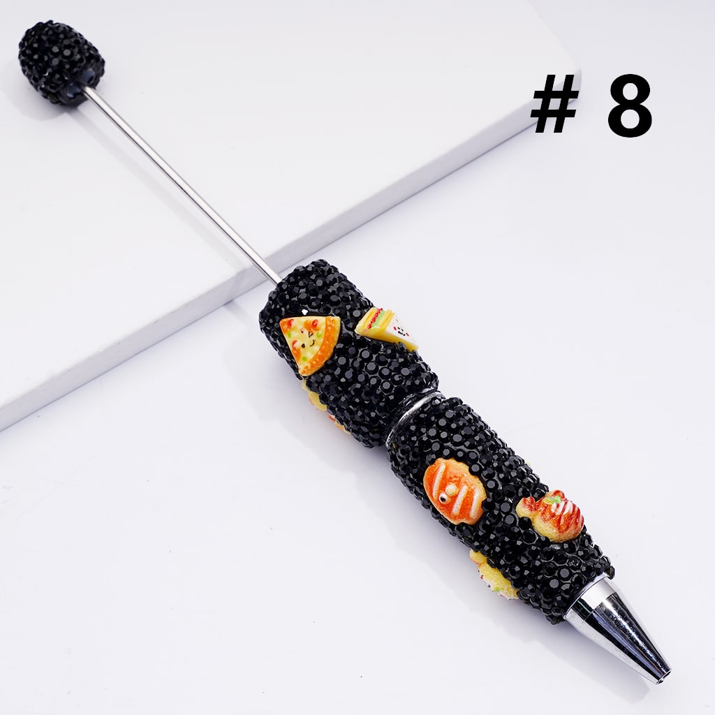 Cute Snack Theme with Bread, Cake, Pizza & Donut Black Rhinestones Clay Pens