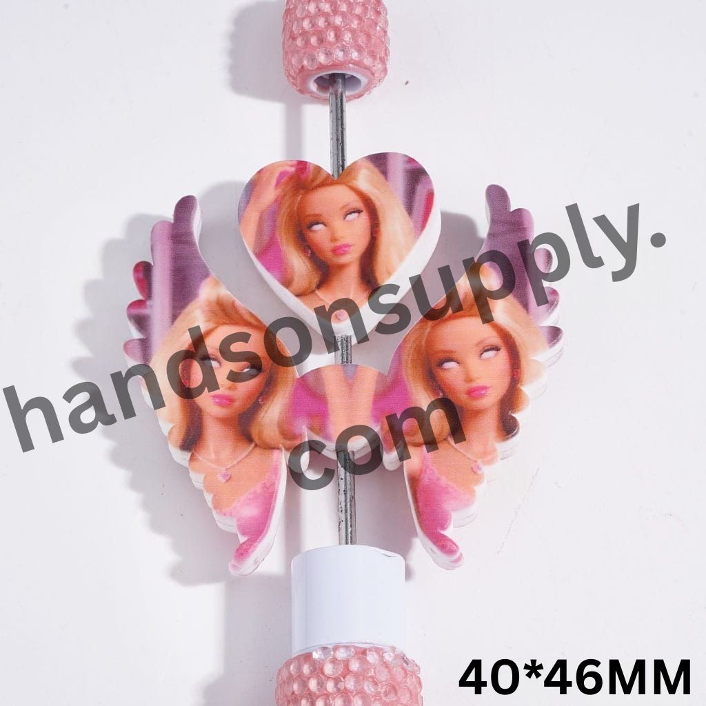 Expressive Fashion Doll Characters with Rolling Eyes Designs, Printed Heart and Wing Shapes Silicone Focal Beads Set, 40*46MM