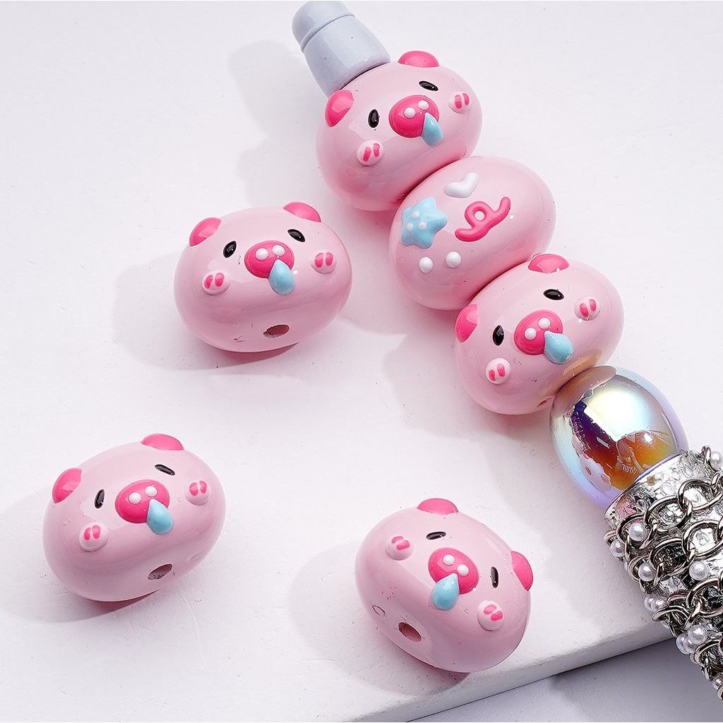 Hand Painted Cute Pink Pig Head Acrylic Beads 13*18MM