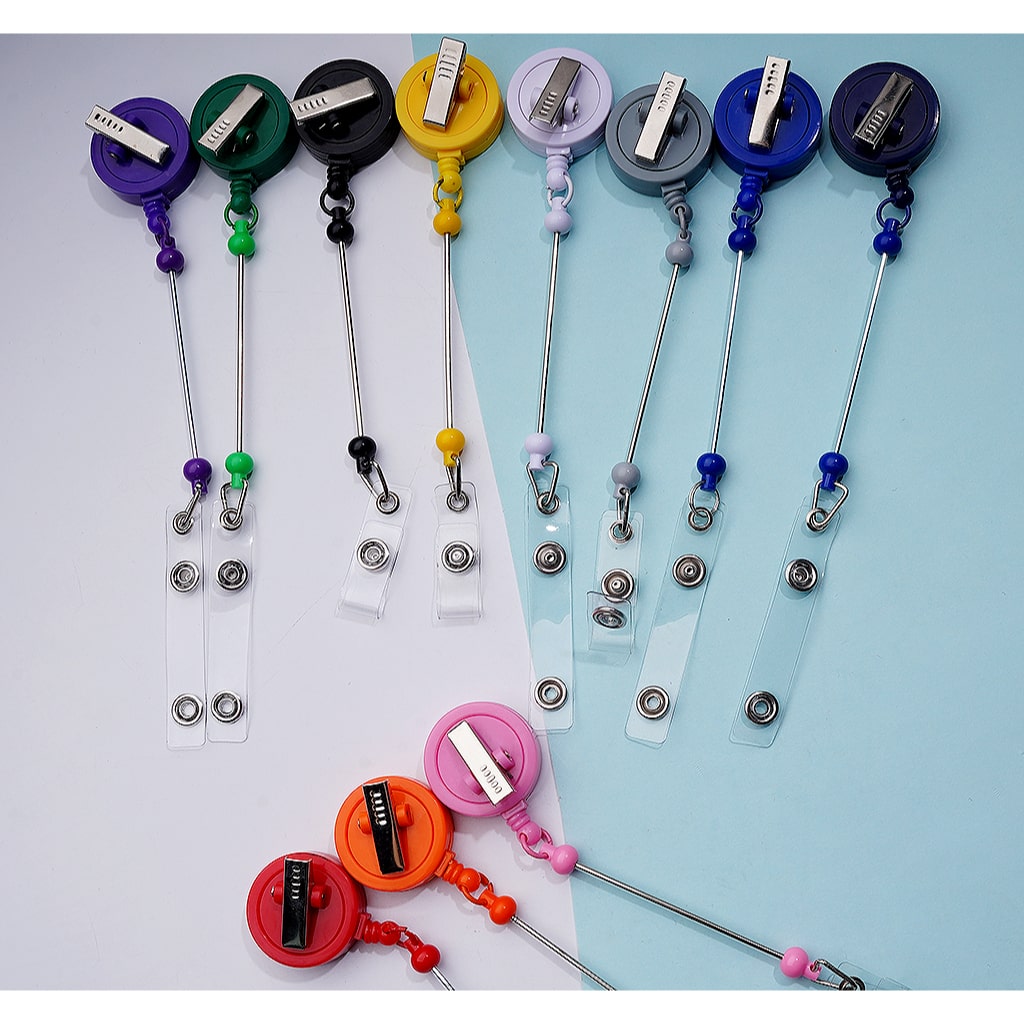 Retractable Back Badge Holder Reels Creative Beaded with Rotating Crocodile Clip & Keychain Bar