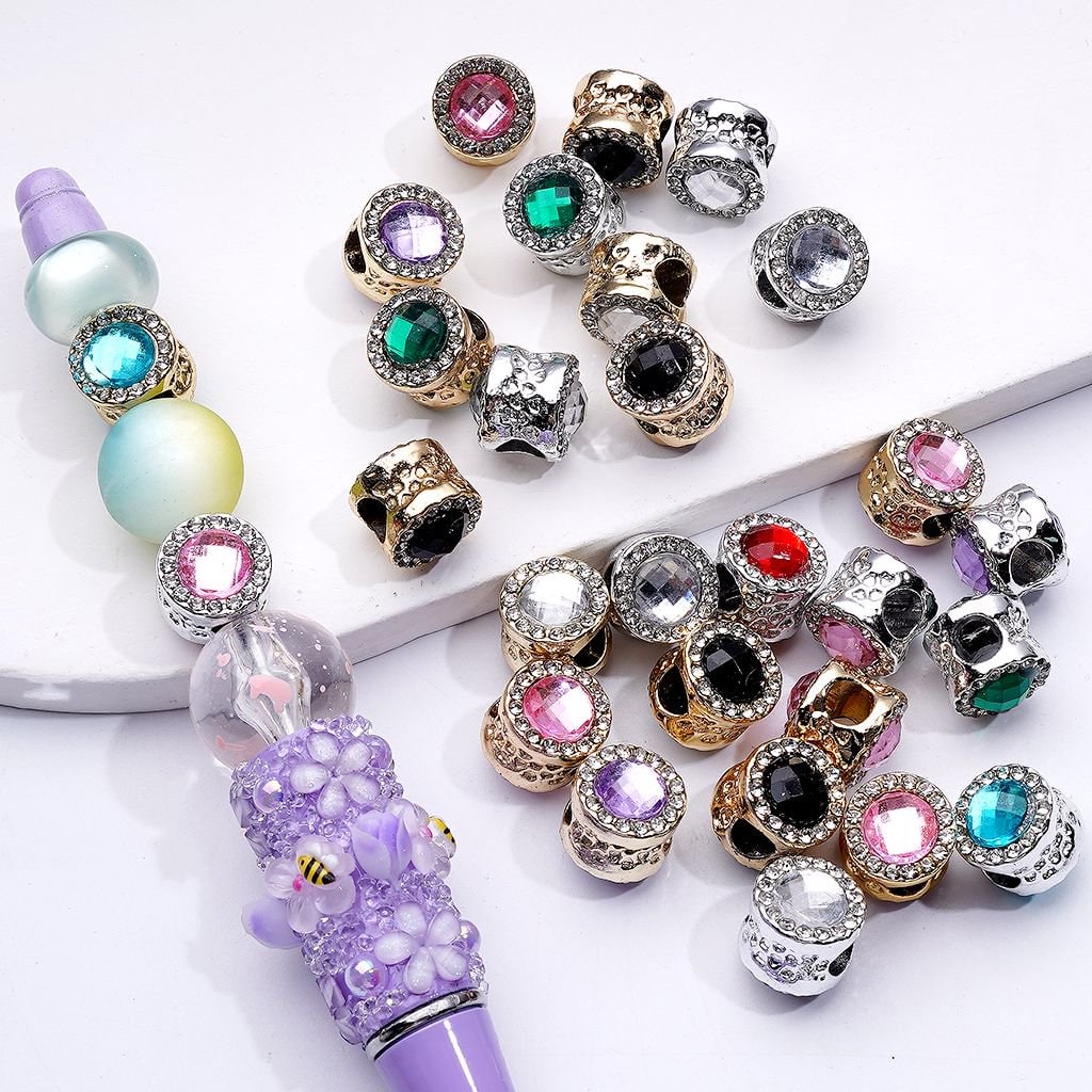 Pandora Cylinder Shape Spacer Beads with Colorful Rhinestones Fancy Gold Alloy Large Hole 10MM Random Mix
