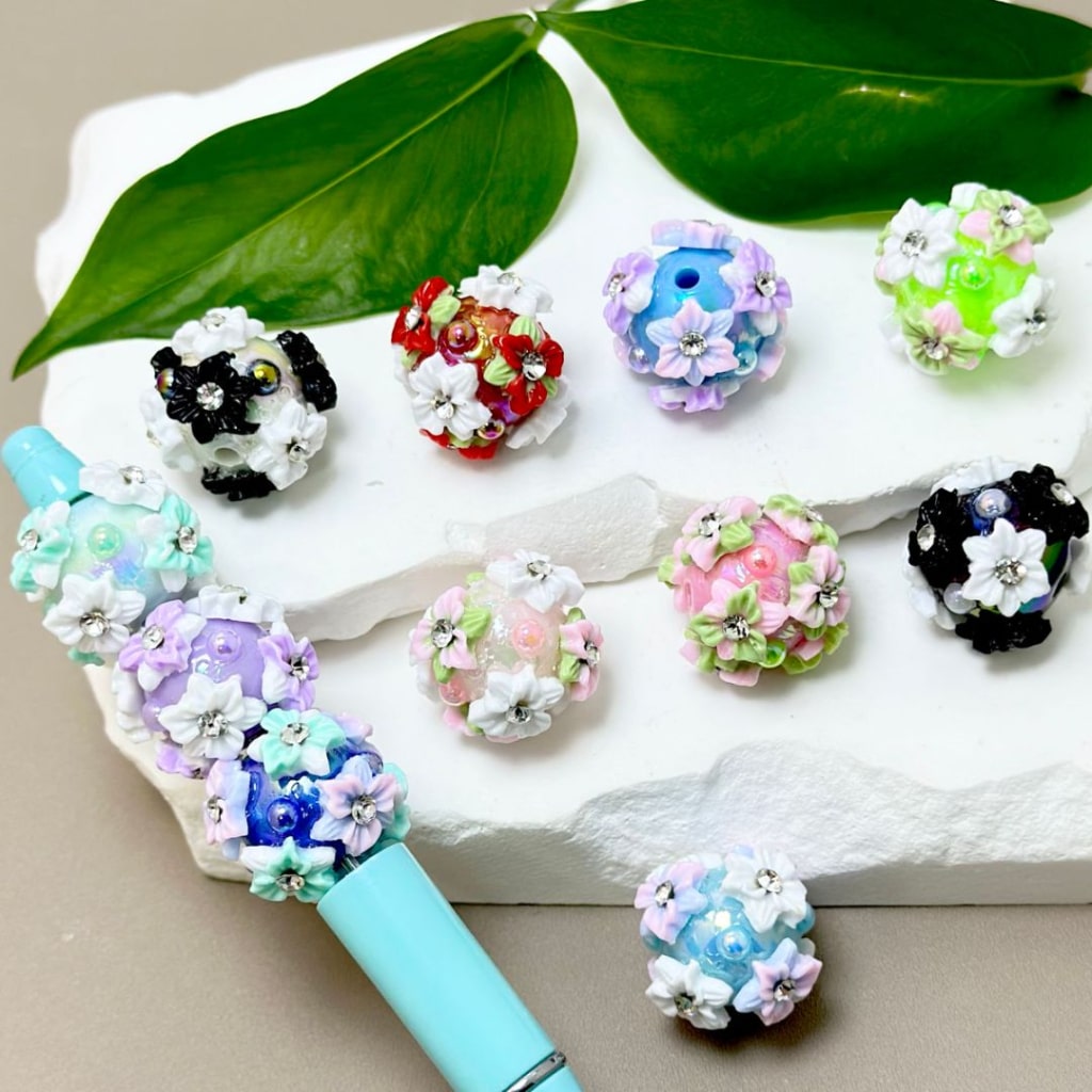 Cute Mini Round Acrylic Beads with Colorful Flowers, Clear Rhinestone Inside, and Shiny Pearls, Around 22MM