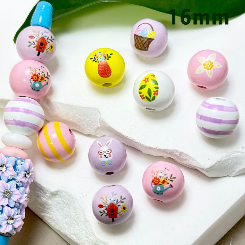 Colorful Flowers Easter Series Rabbits Eggs Bunnies Round Wooden Beads, 16MM, Please Read the Description