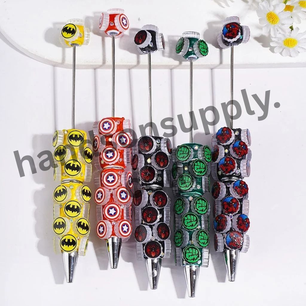Bold Superhero Character Steel Man, Spider & Green Giant with Bottle Cap Lids & AB Rhinestones Beadable Clay Pens, Random Mix