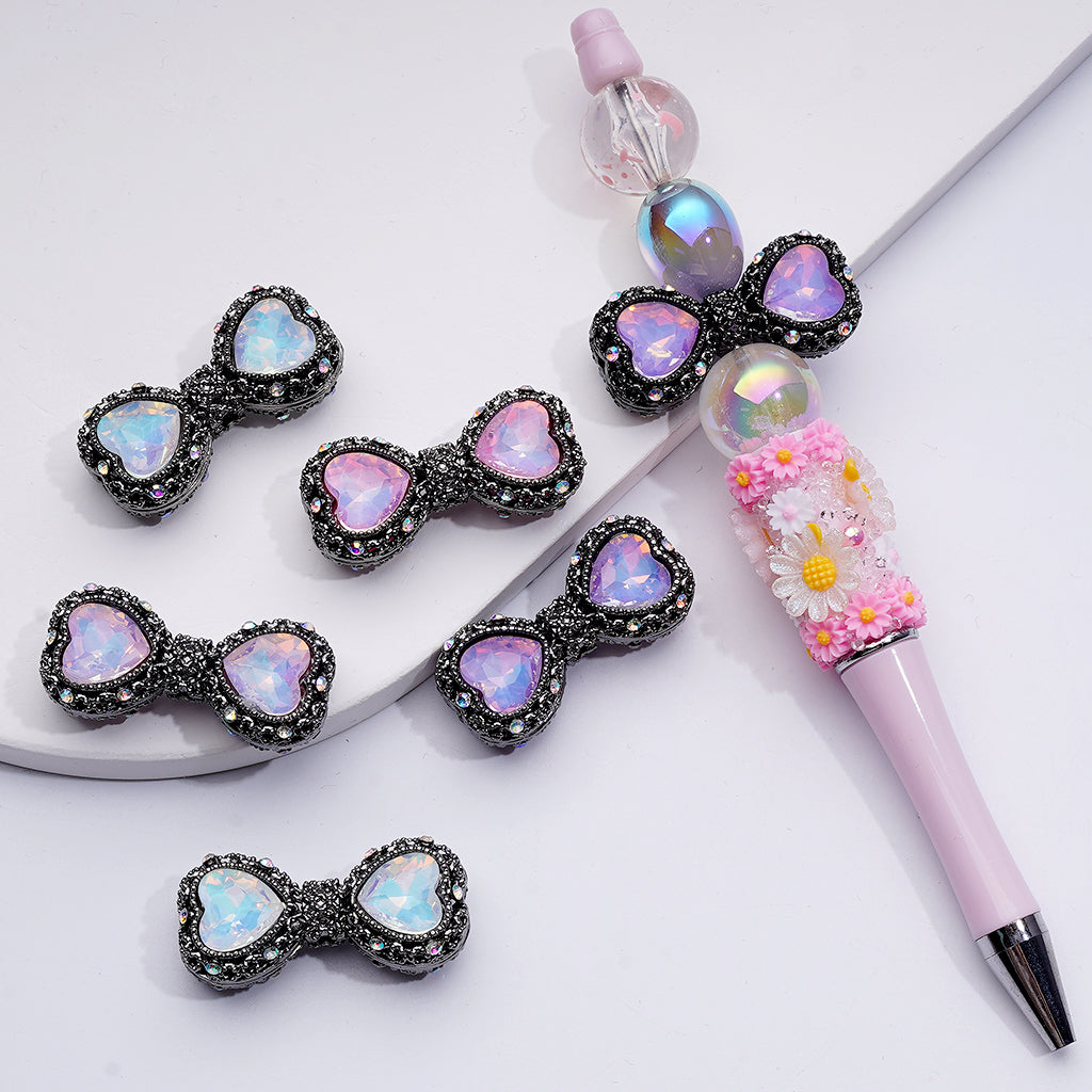 Hollow Alloy Acrylic Beads in Gun Black Bowknot Shape with Heart Rhinestones, 34mm x 17mm