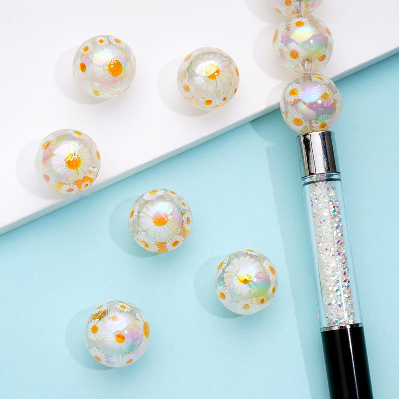 Small White Beads Inside, Daisy Bellis Perennis Flower Clear Acrylic Beads Random Mix, 16MM