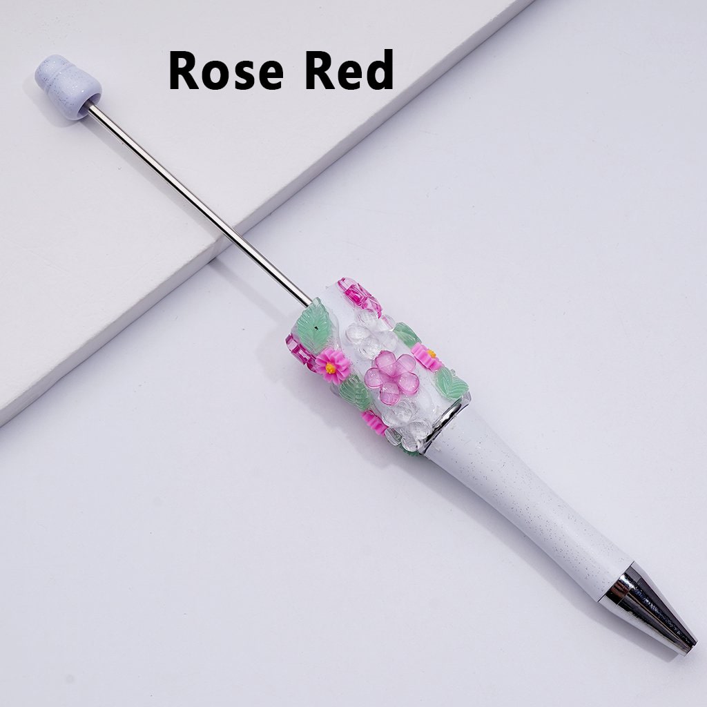 Elegant White Glitter Beadable Pen – Adorned with Vibrant Flowers & Green Leaf Accents