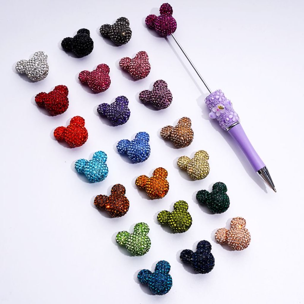 Vivid Cute Mickey Minnie Mouse Head Clay Beads with Shiny Rhinestones, Solid Color, Approx. 22x24x17MM