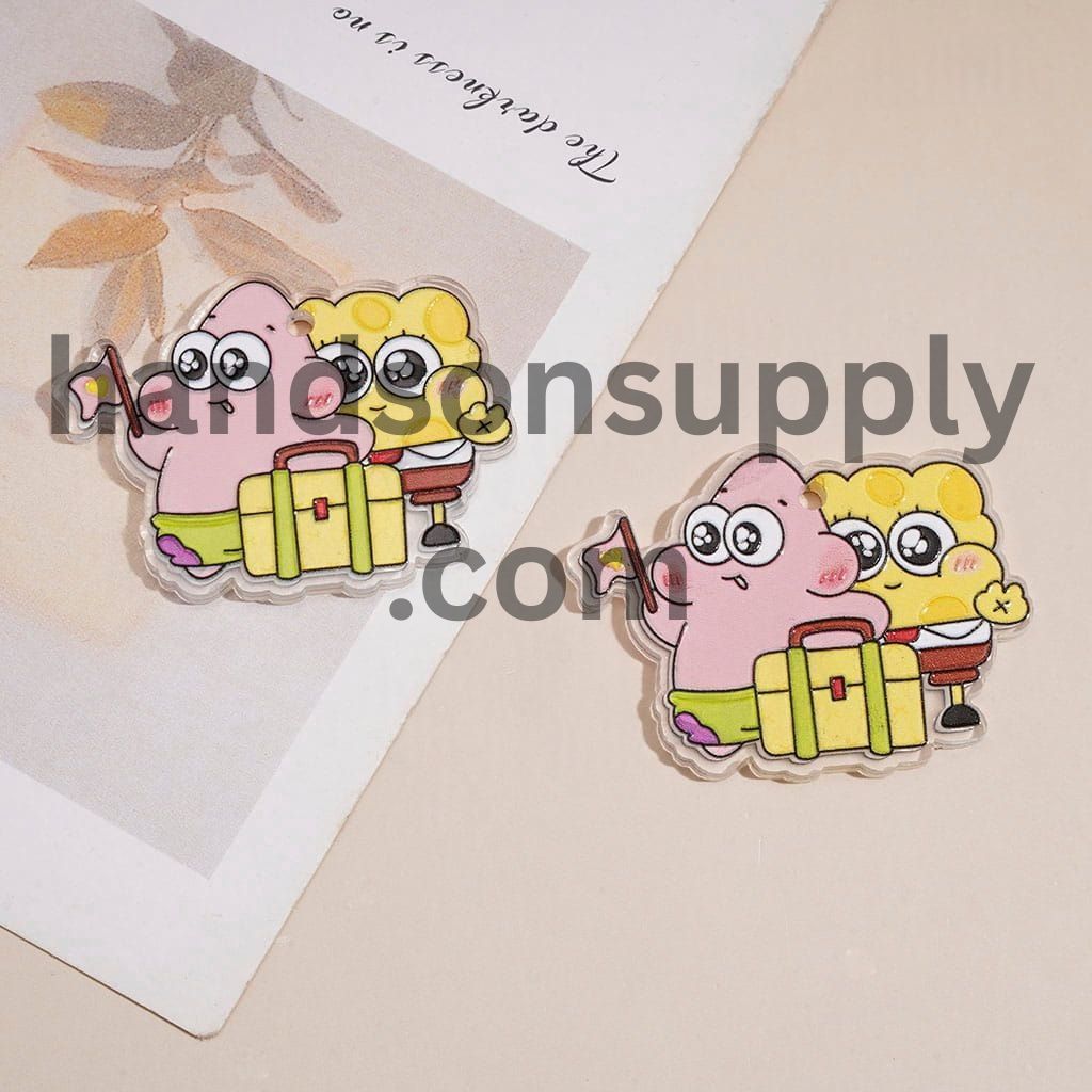 Cute Pink Starfish and Yellow Sponge Character with Travel Bag and Flag Design Hanging Loop Acrylic Charms & Pendant, 46*35MM