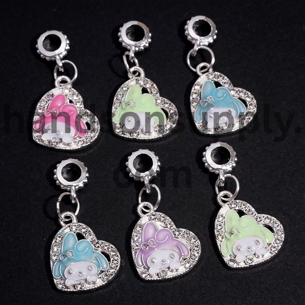 Heart Alloy Bail Jump Ring Beads with Bunny Girl Character & Clear Rhinestones, Assorted Colors, Random Mix