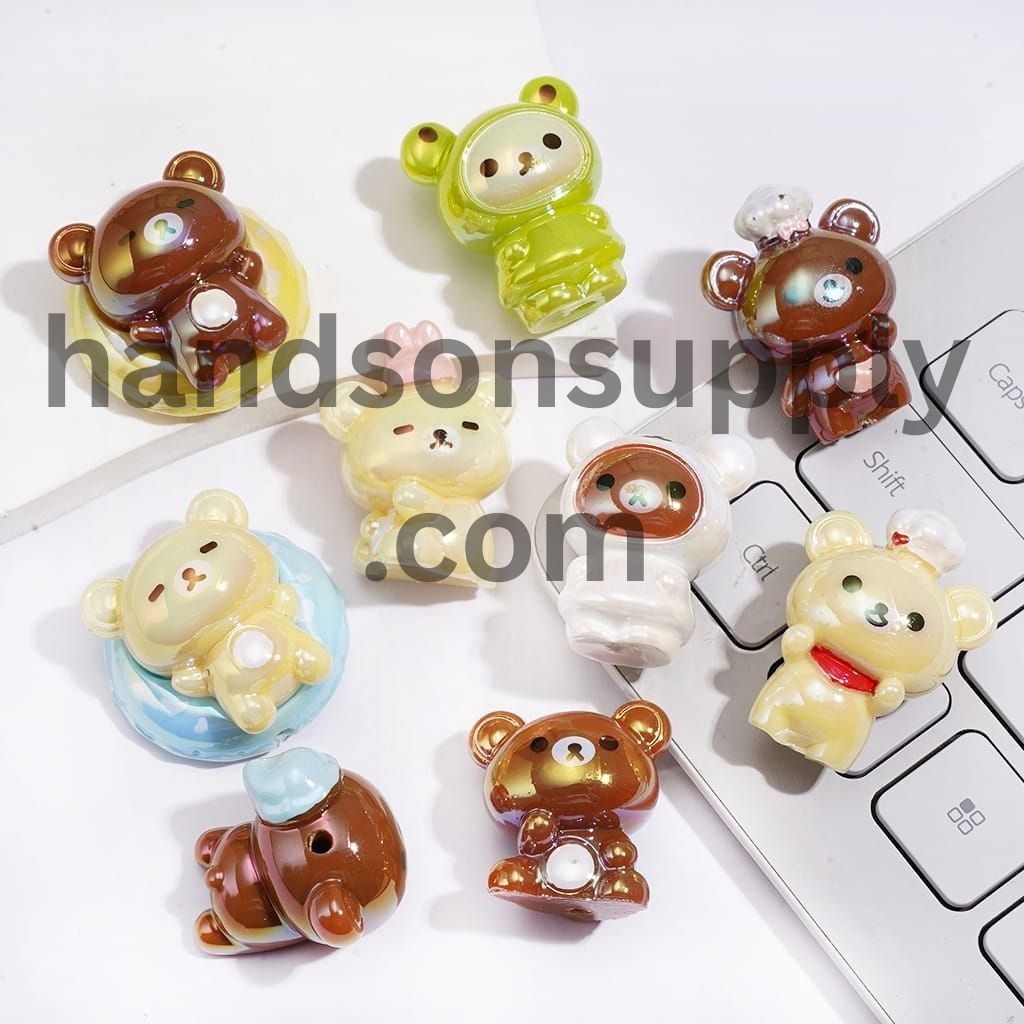 UV Coated Glossy Cute Cartoon Bear Character Series Acrylic Beads, Random Mix