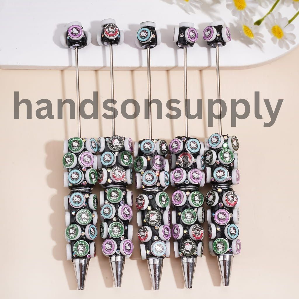 Cute Cat Character Coffee Theme with Colorful Round Logo Design and Sparkling AB Rhinestones Beadable Clay Pens