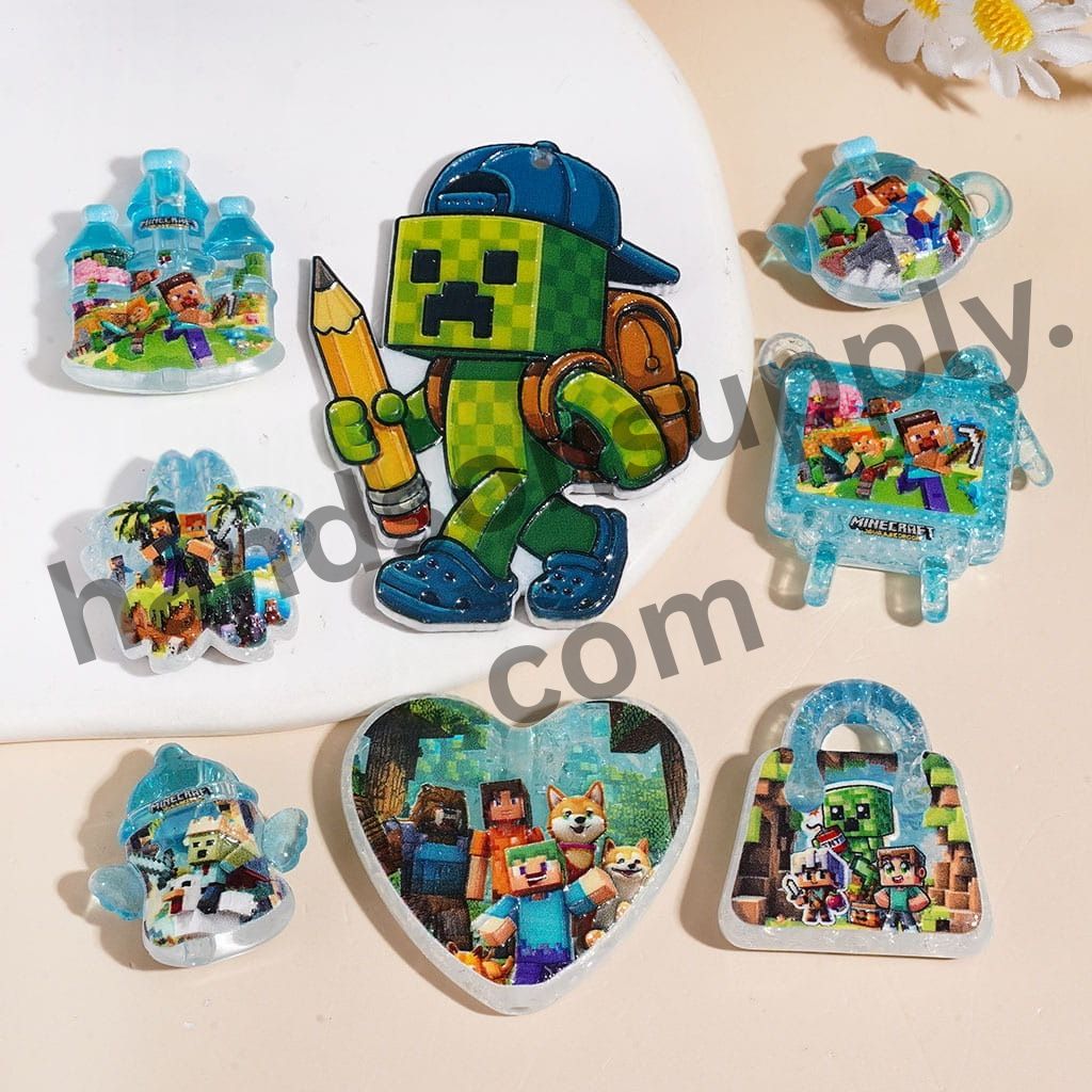 Pixel-Style Green & Teal Crackle Sandbox Game Series Acrylic Beads and Pendants, Random Mix