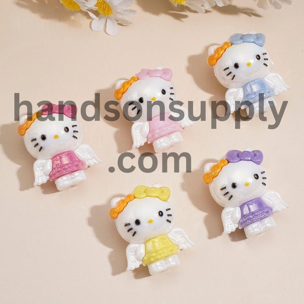 Adorable Angel Cat Character Series with Colorful Bow Headbands, Soft PVC Rubber Beads, Height 29MM, Random Mix