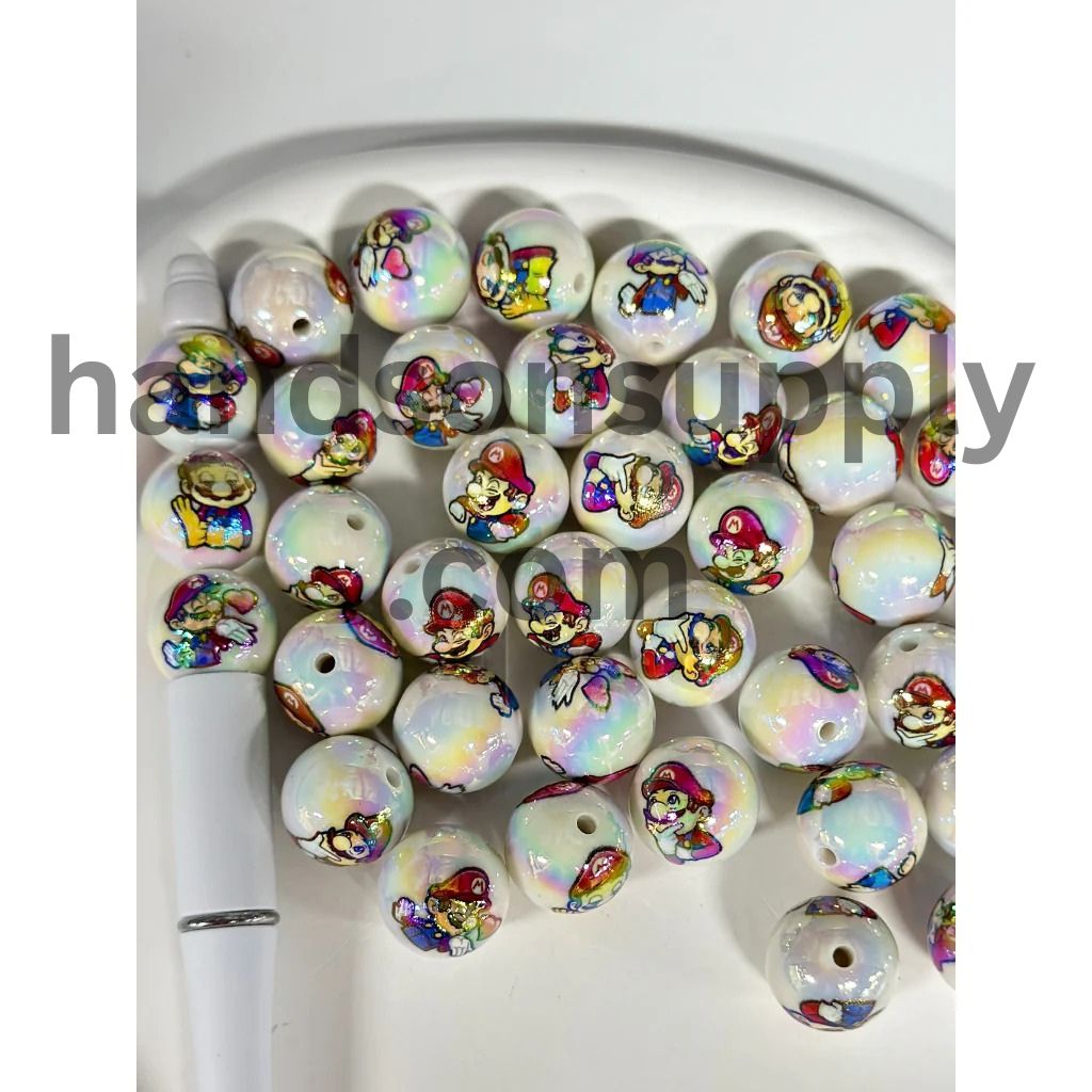 Plumber Character Cartoon White UV Coated Acrylic Beads, Random Mix, 16MM