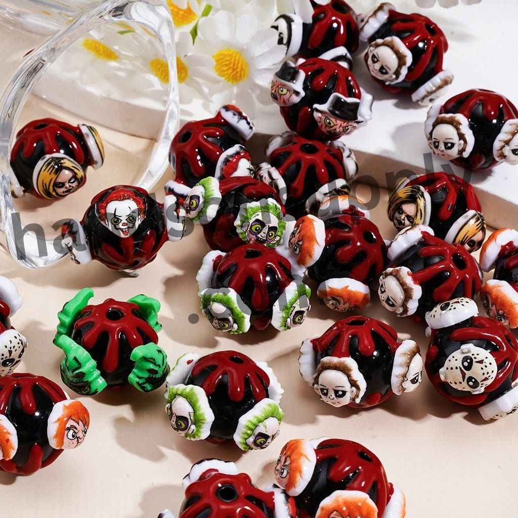 Scary Horror Character Series with Creepy Red Liquid, Halloween-Themed Handmade Acrylic Beads 24MM Random Mix