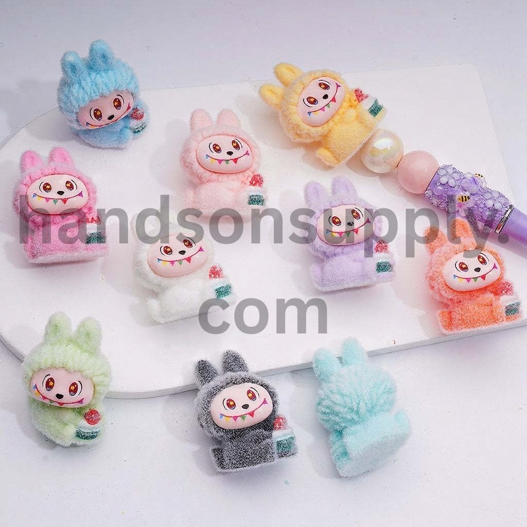 Cute Flocked Sweet Fantasy Creature Holds Flower Pot Monster Doll Pendants Pen Topper Acrylic Beads Jewelry Accessories, 39*28MM, Random Mix