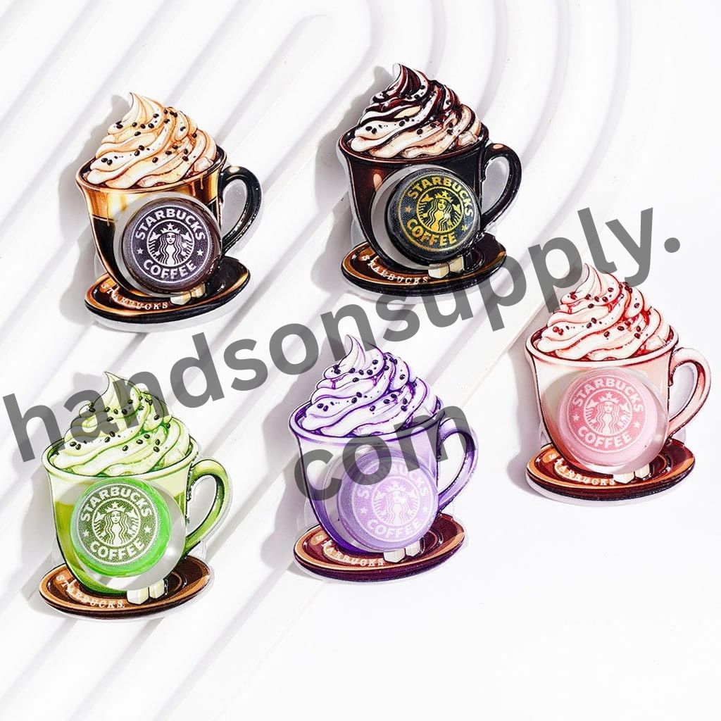 Famous Hollowed Coffee Cup with Cream & Printed Round Acrylic Beads, Multi-Color, Random Mix