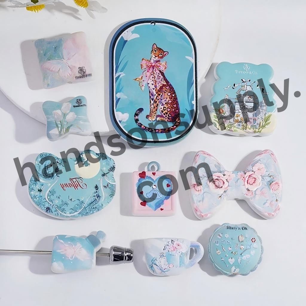 Teal Jaguar, Gift Box & Floral Print Artistic Series Acrylic Beads and Pendants, Random Mix