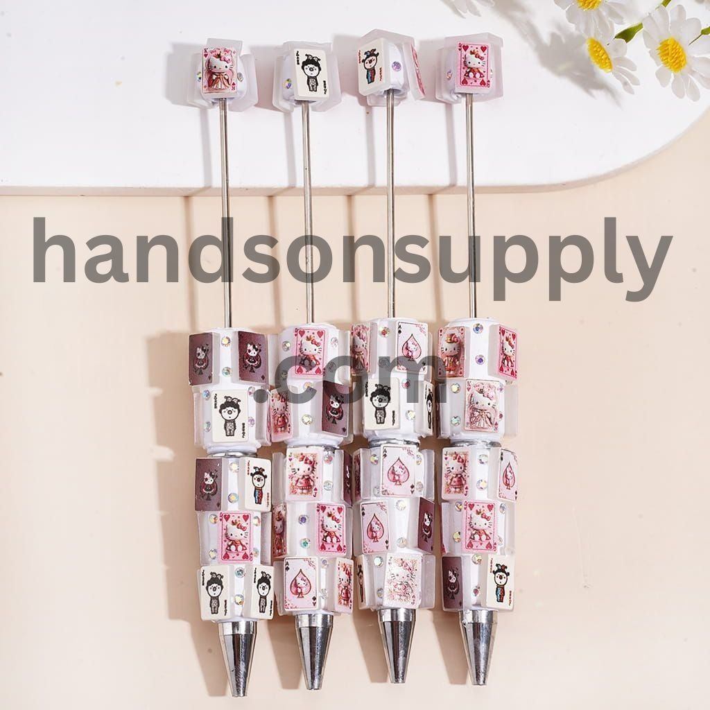 Adorable Lucky Cat Character & Playing Card Design with Sparkling AB Rhinestones Beadable Clay Pens