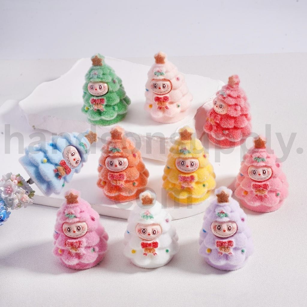 Flocked Labub with Christmas Tree Pen Topper Pendants Acrylic Beads 48MM Multi Color Mix