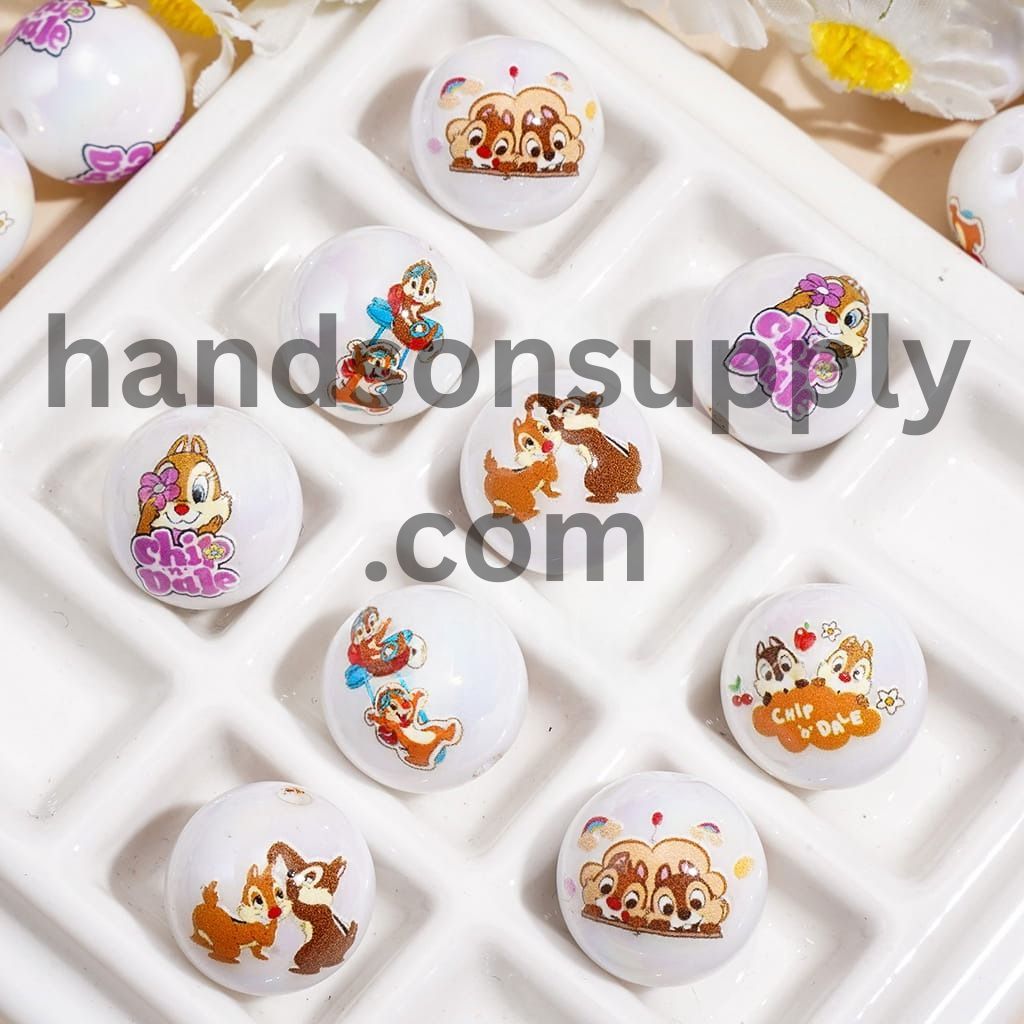 Adorable Brother Chipmunk Cartoon Character Series Glossy UV Coated Printed Round Acrylic Beads for Bracelets, 16MM, Random Mix