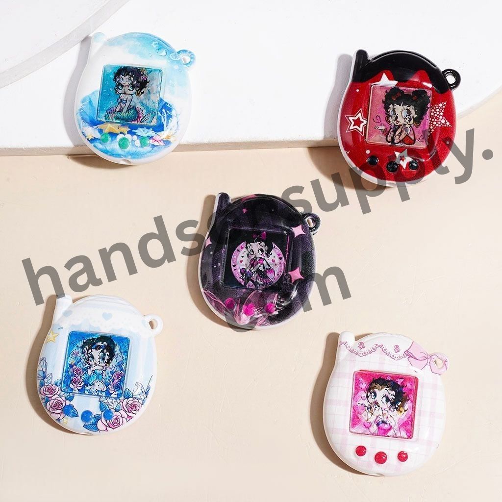 Whimsical Vintage Girl Character with Retro Pixel Art Effects, Virtual Pet Device Designs Acrylic Beads & Pendants, 30*35MM, Random Mix