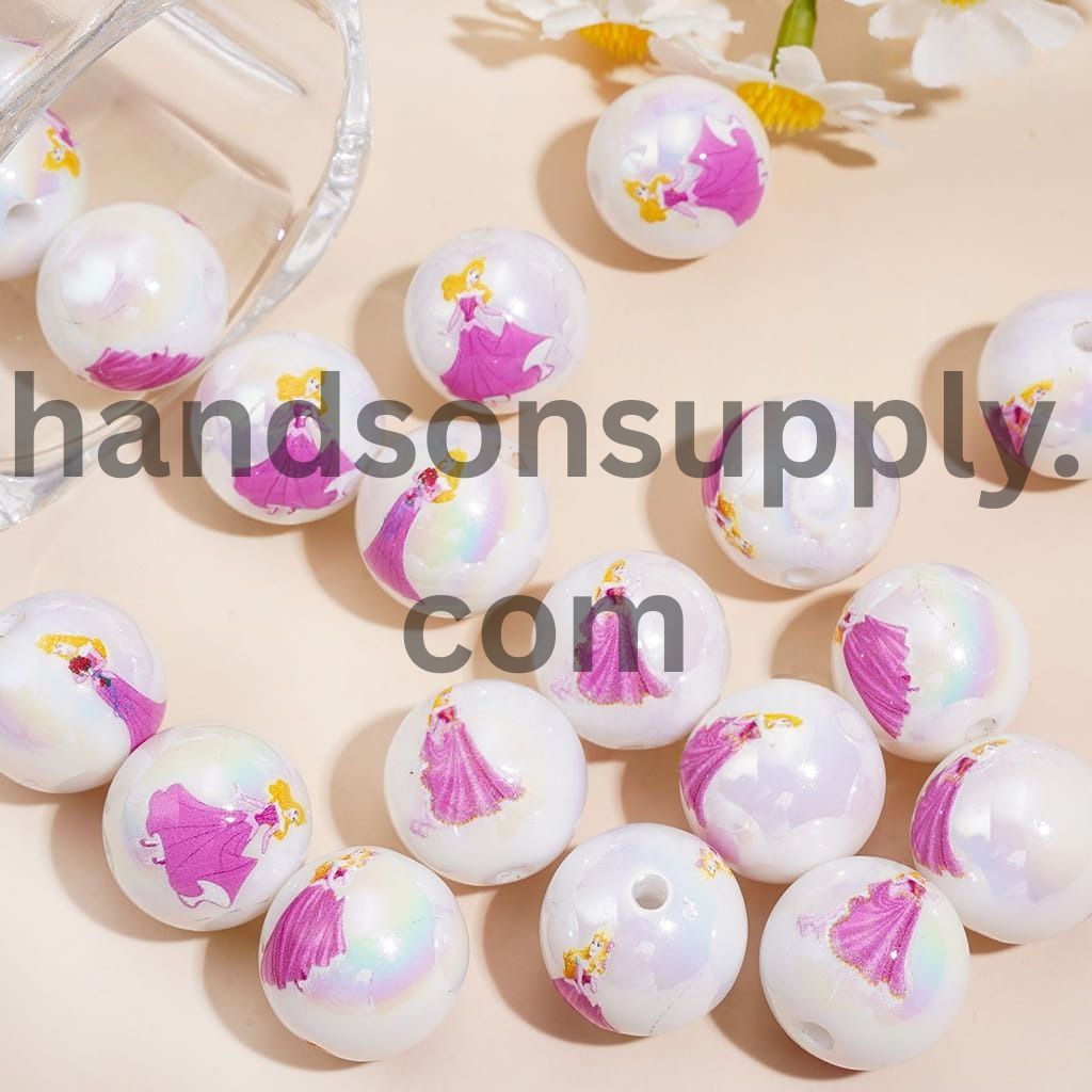 UV Coating Sleeping Pretty Princess Character Series Print on Round Acrylic Beads 16MM Random Mix