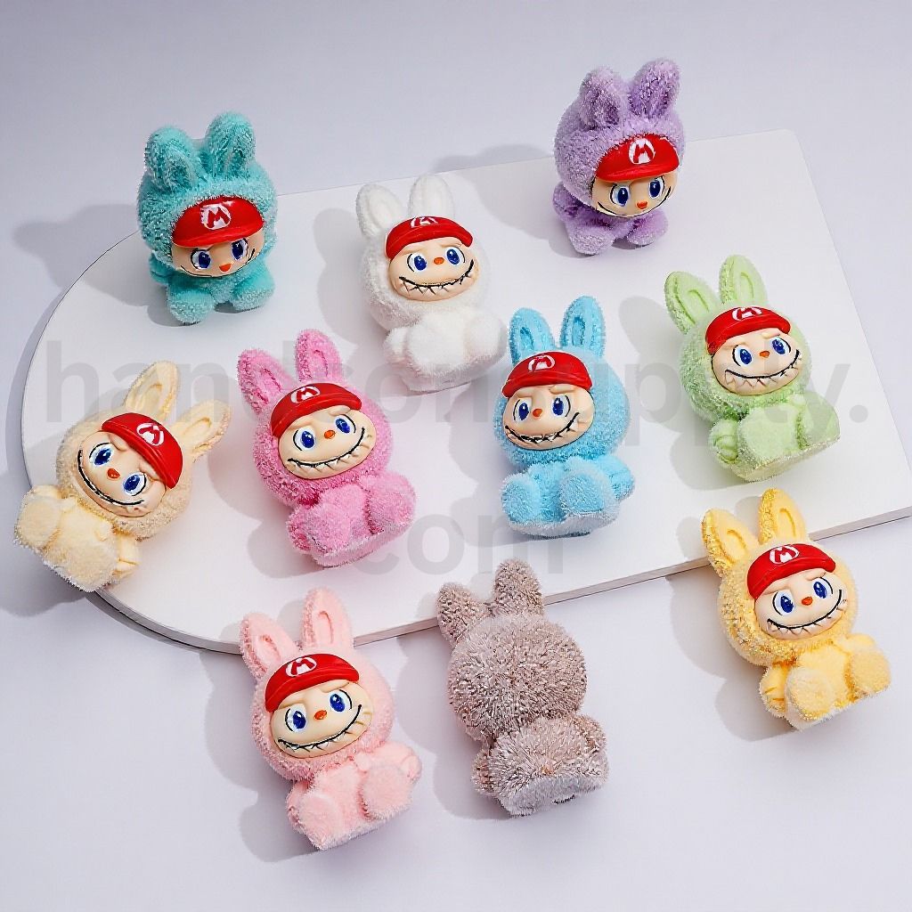 Cute Pendants Pen Topper Flocked Labub with Supe Mari Cap Acrylic Beads, 50*29MM, Random Mix