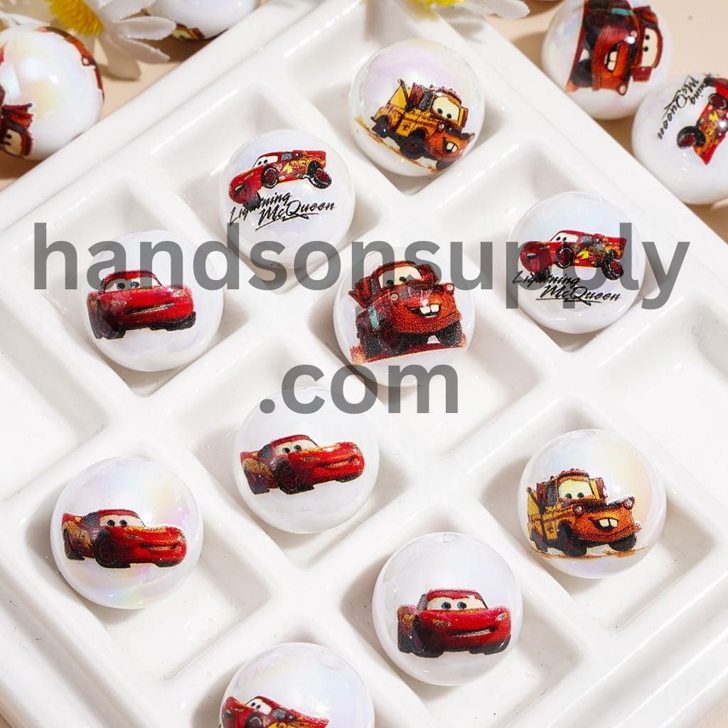 Cute Cartoon Race Car and Tow Truck Character Series UV Coated Glossy Printed Round Acrylic Beads for Bracelets, 16MM, Random Mix