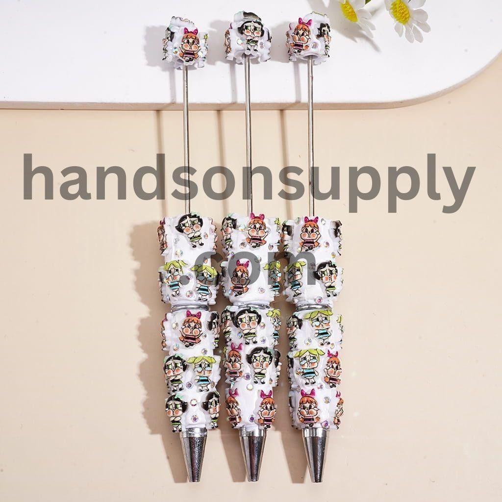 Cute Teary Baby Girl Character Print with AB Rhinestone Studded Detail and White Base Beadable Clay Pens