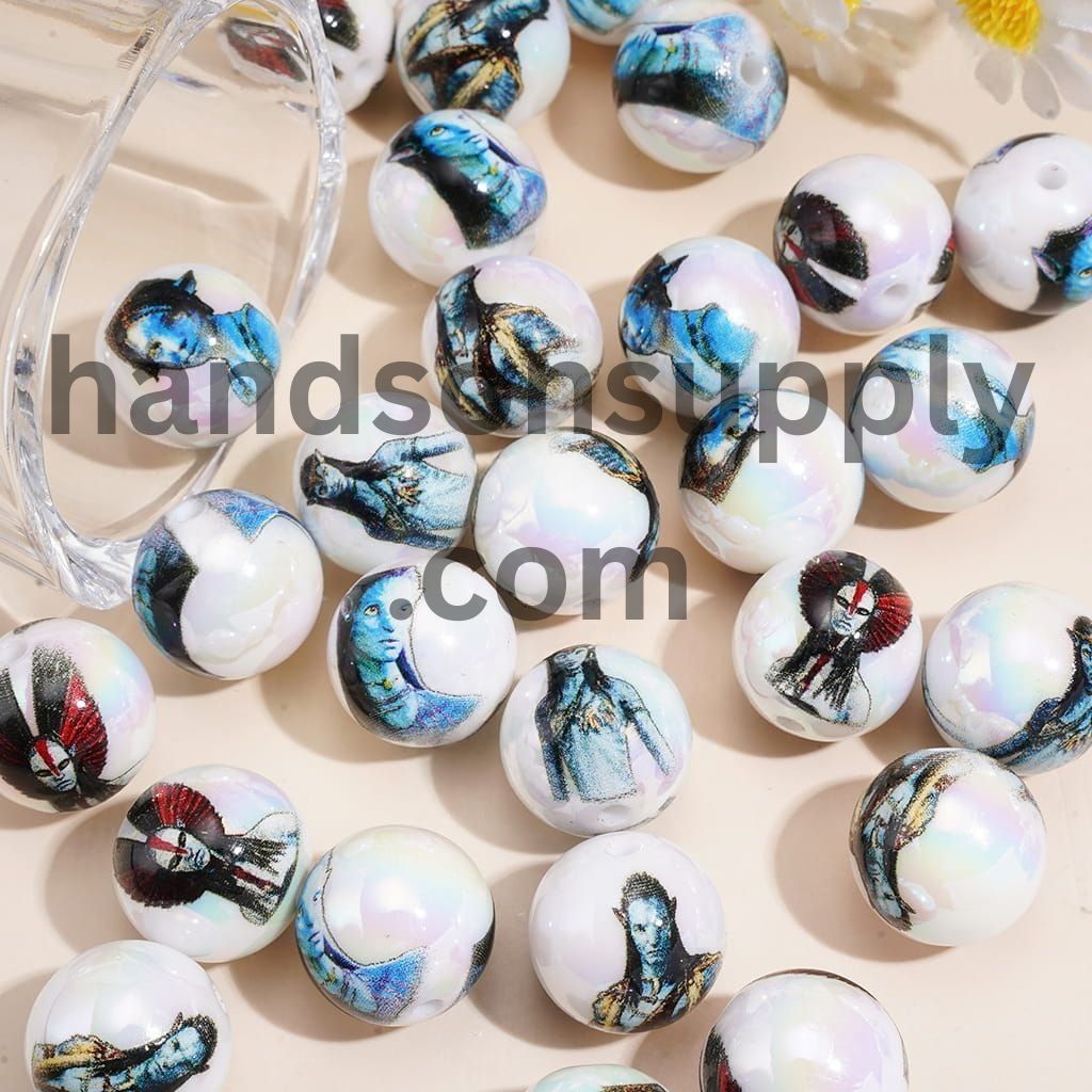 Blue Character Series UV Coated Printed Round Acrylic Beads for Bracelets, 16MM Random Mix