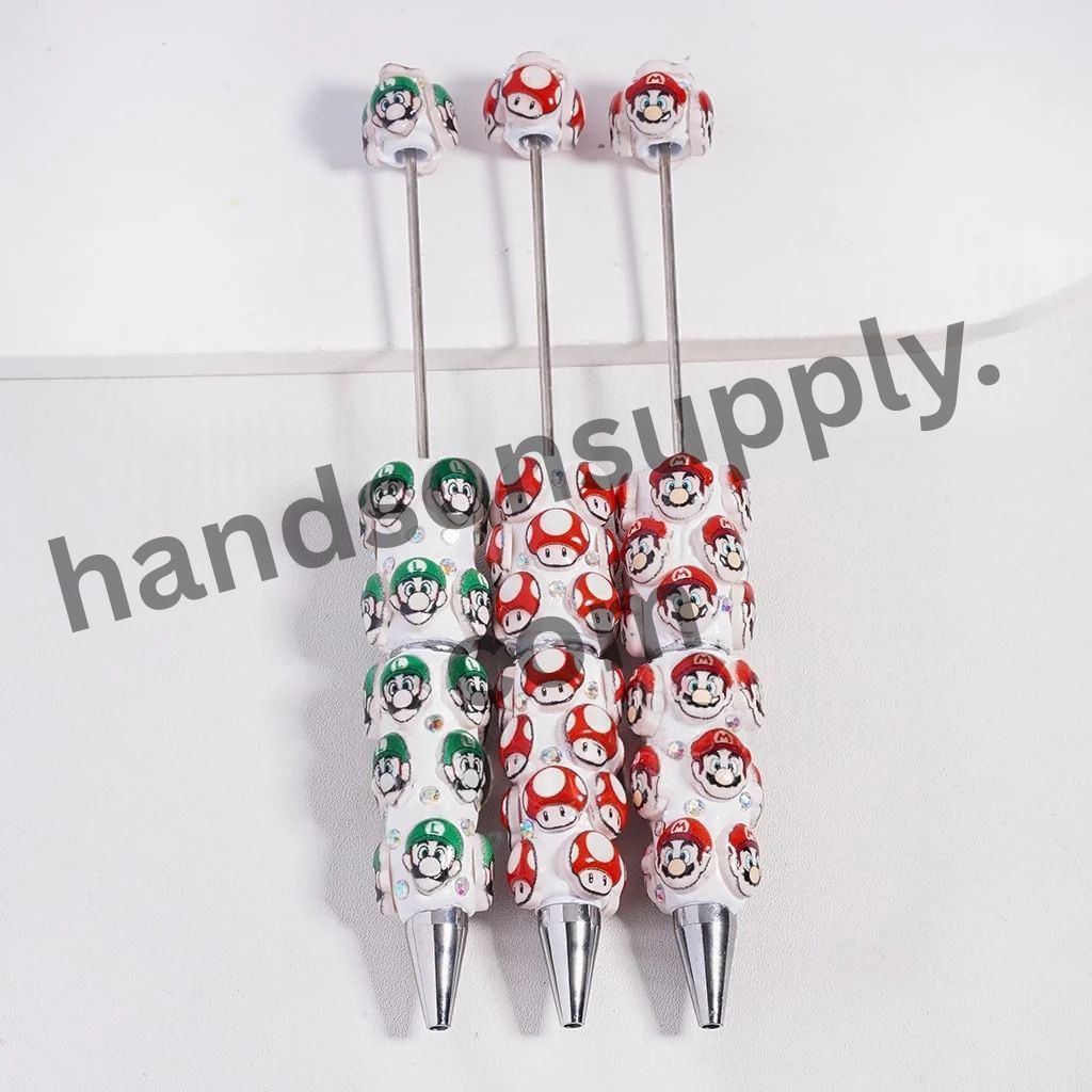 Cute Plumbers and Mushrooms Series Beadable Clay Pen, AB Rhinestones