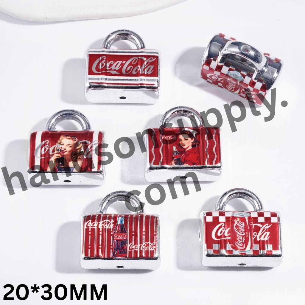 Retro Lady and Famous Soda Soft Drink Design Silver-Border Handbag-Shaped Acrylic Beads and Pendants, 29*30MM, Random Mix