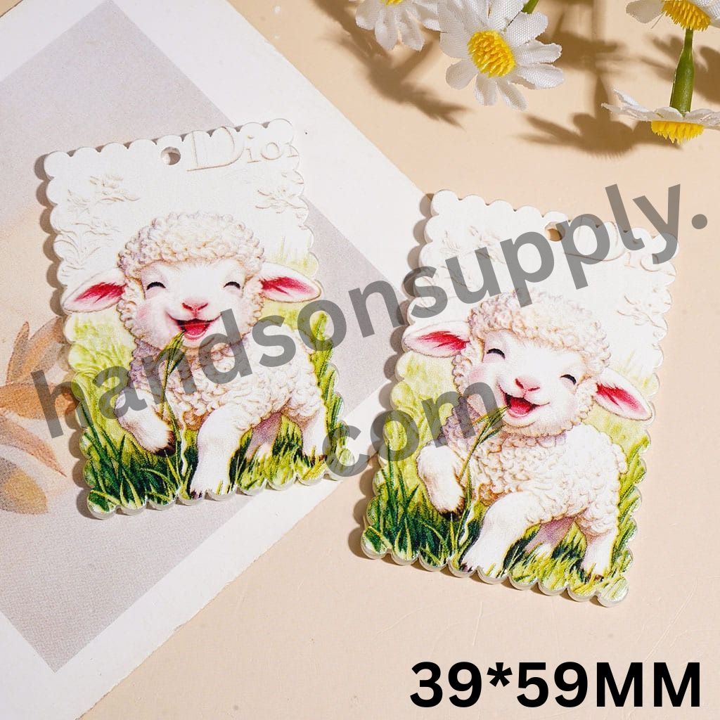 Cute Smiling Baby Lamb Eating Grass on Lawn Wavy Edged Flat Rectangle Acrylic Pendants, 39*59MM